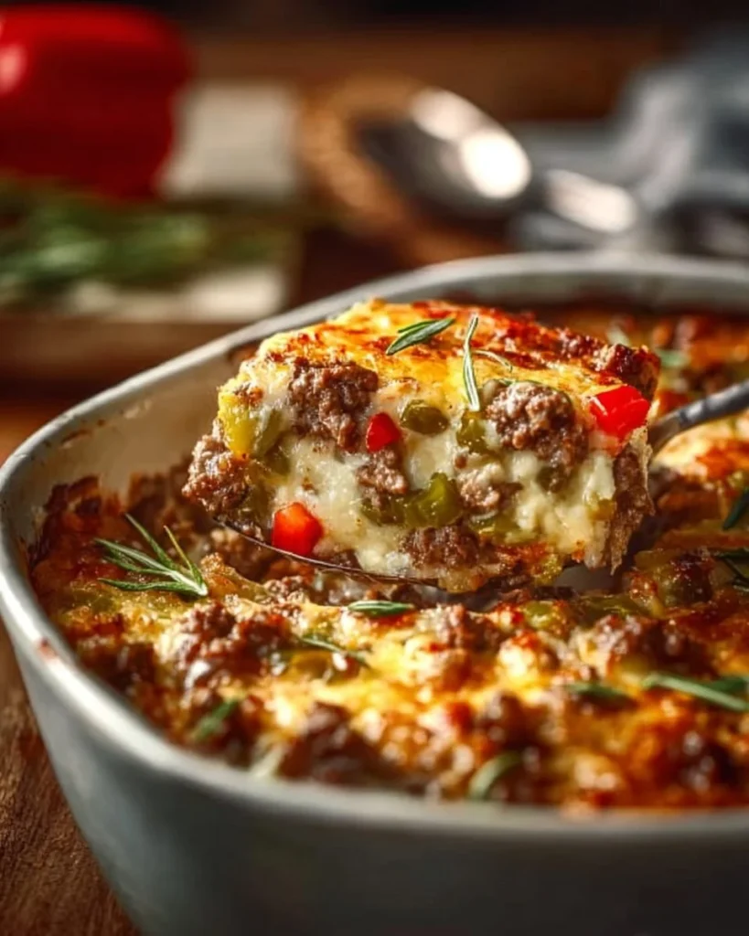 Delicious Philly Cheesesteak Casserole topped with melted cheese and peppers