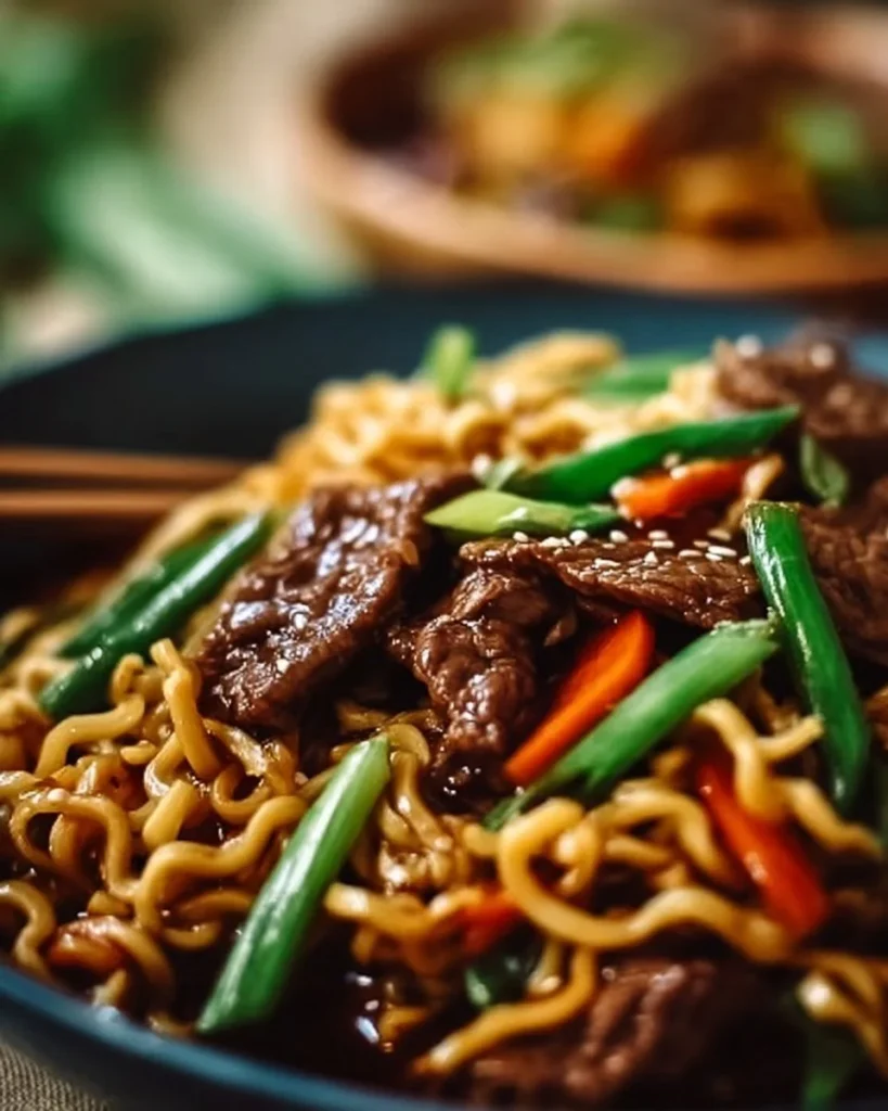 Delicious slow cooker beef ramen noodles garnished with green onions and herbs