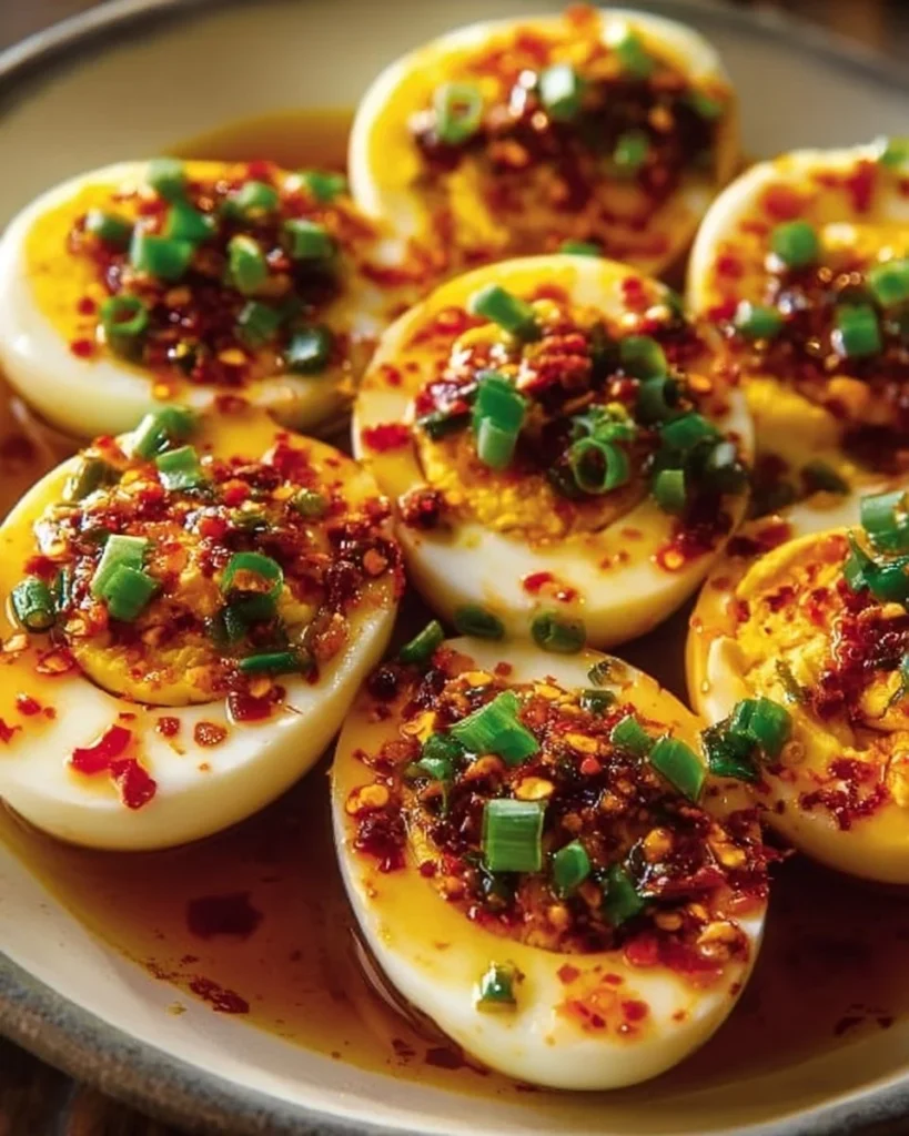 Spicy Chili Garlic Deviled Eggs garnished with fresh herbs and spices