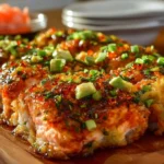 A delicious spicy salmon sushi bake served in a dish with toppings
