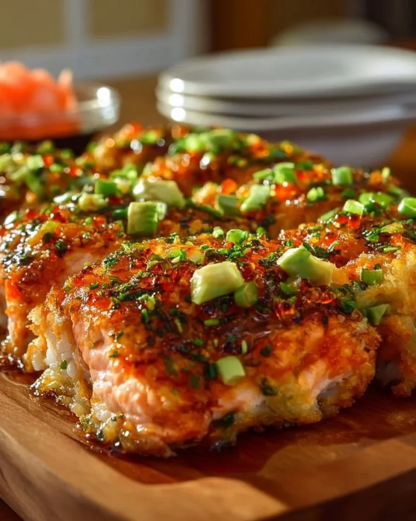 A delicious spicy salmon sushi bake served in a dish with toppings
