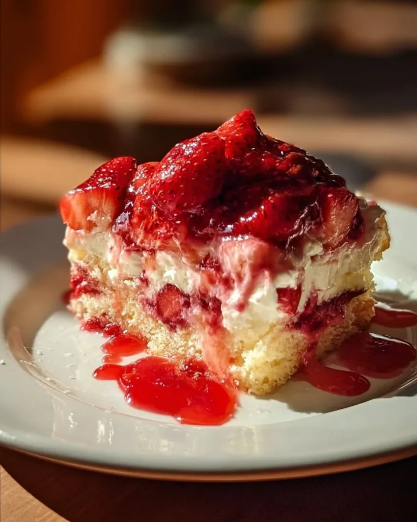 Delicious Strawberry Earthquake Cake topped with strawberries and cream cheese icing.