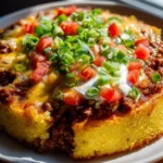 Delicious Texas Tamale Pie served on a plate with toppings.