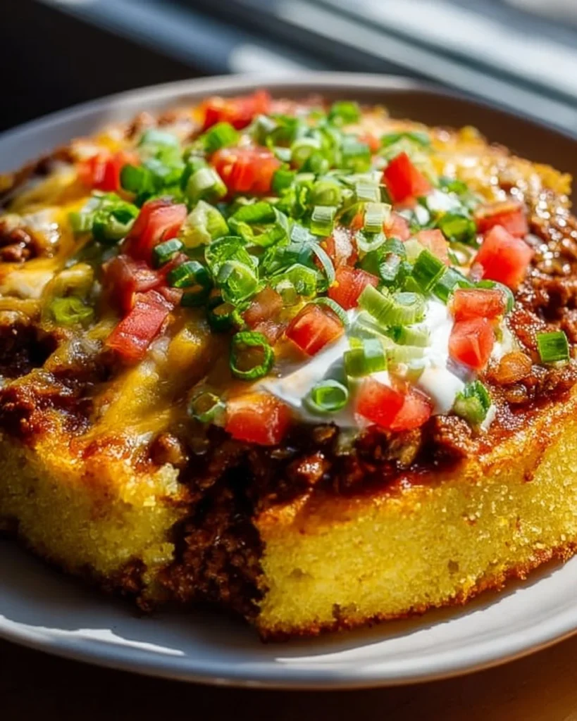 Delicious Texas Tamale Pie served on a plate with toppings.