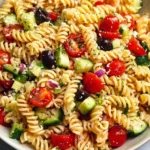 Vibrant pasta salad with Italian dressing and fresh vegetables.