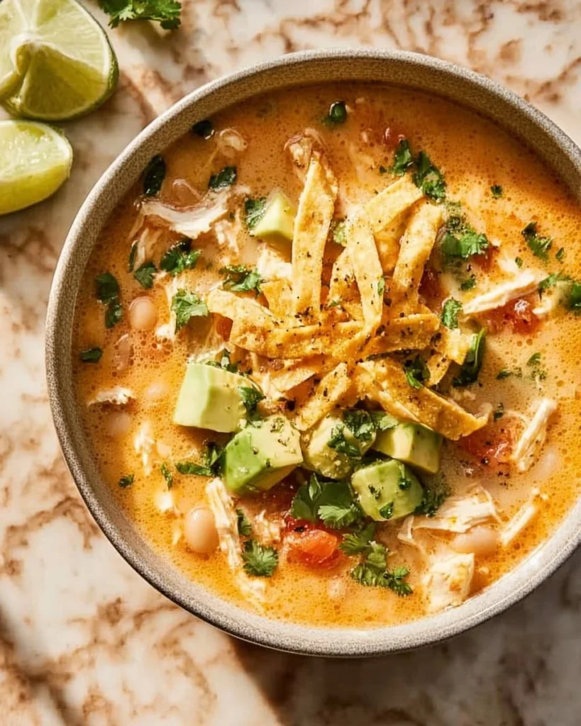 Bowl of creamy white chicken chili topped with cilantro and lime