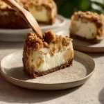 Slice of apple crumble cheesecake with a crumbly topping and apple filling