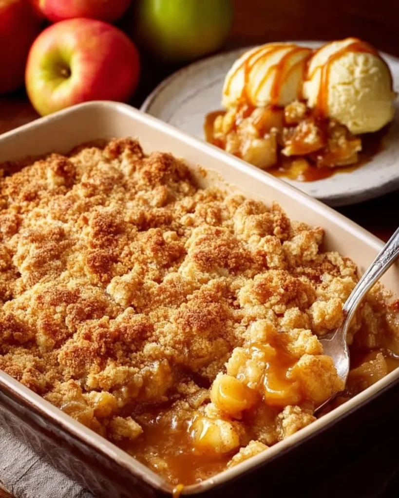 Delicious baked apple crumble with a crispy topping and cinnamon-spiced apples
