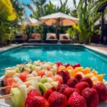 Colorful array of delicious finger foods for a kid's pool party.