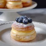 Blueberry pastry rings topped with vanilla cream filling on a plate