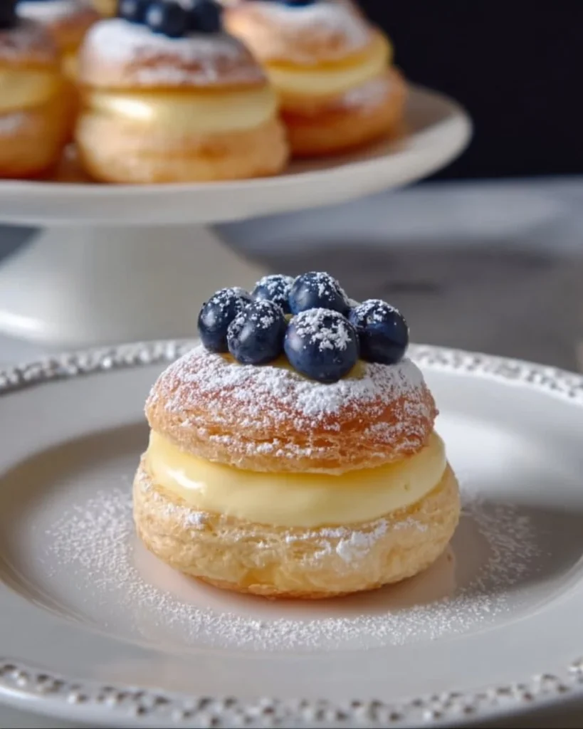 Blueberry pastry rings topped with vanilla cream filling on a plate