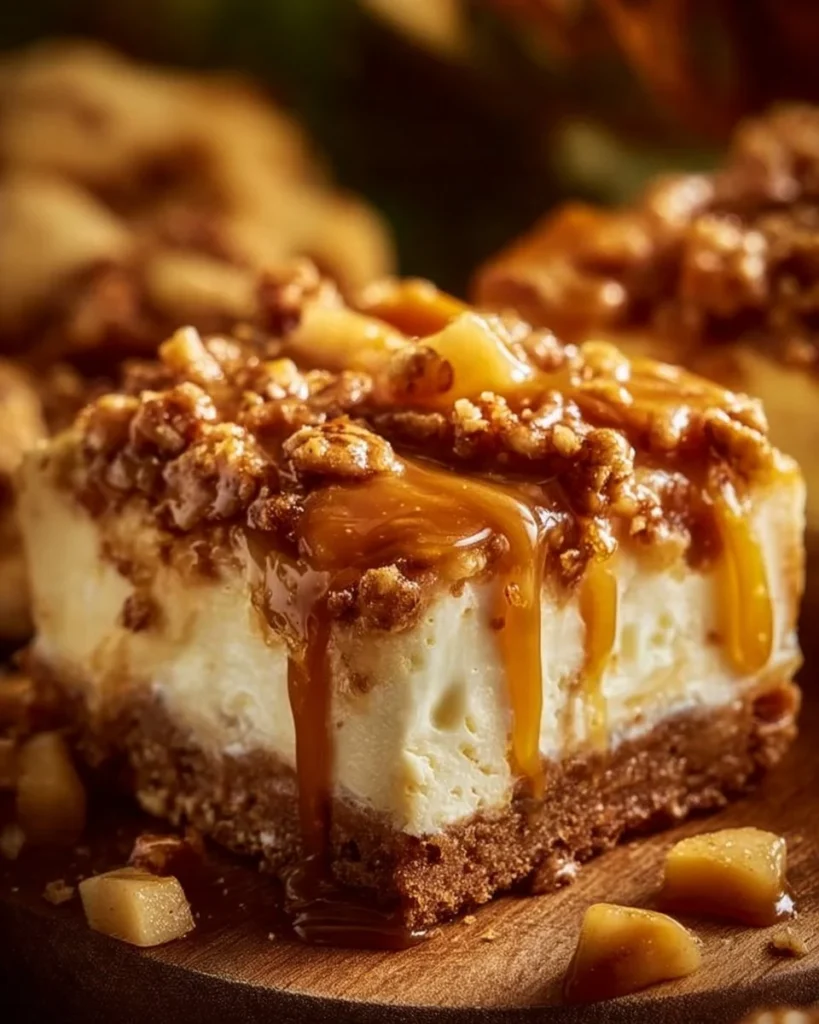 Delicious caramel apple cheesecake bars with a buttery crust and caramel drizzle