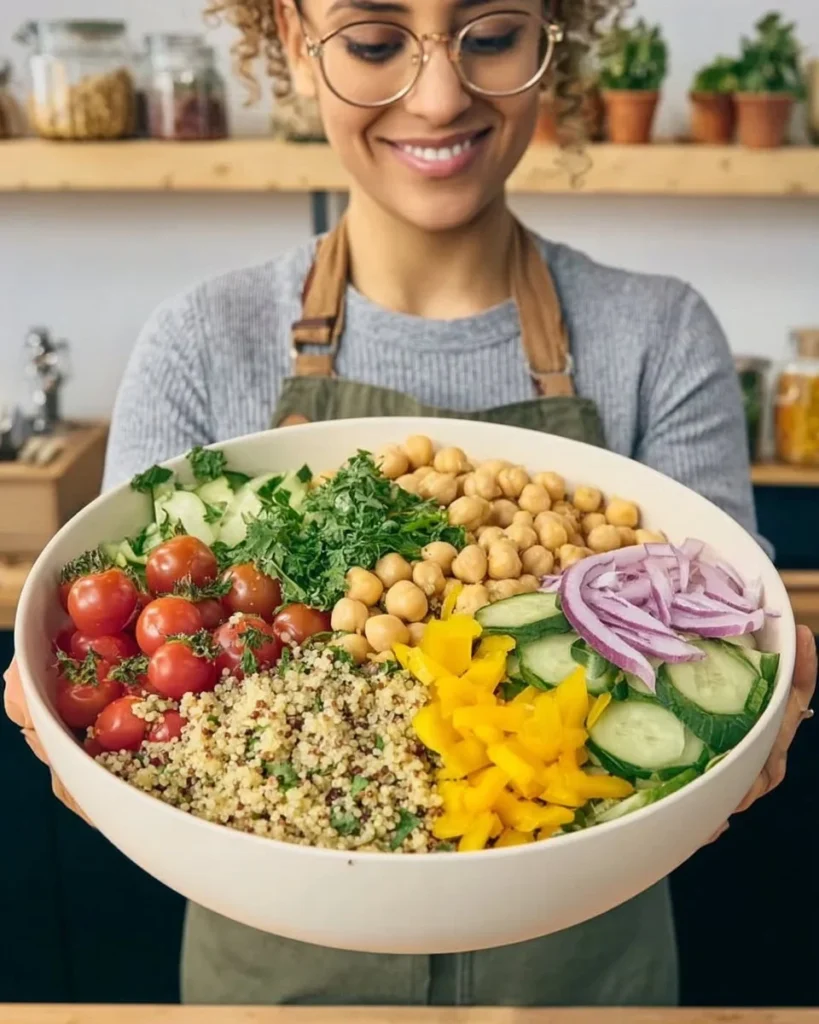 A vibrant Chickpea Quinoa Salad with colorful vegetables and a lime dressing