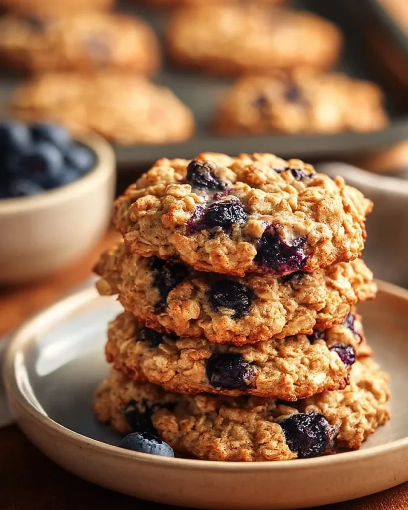 Classic Blueberry Oatmeal Cookies 2 A plate of classic blueberry oatmeal cookies with fresh blueberries