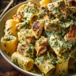 Creamy pesto chicken pasta served in a bowl with fresh herbs and Parmesan cheese