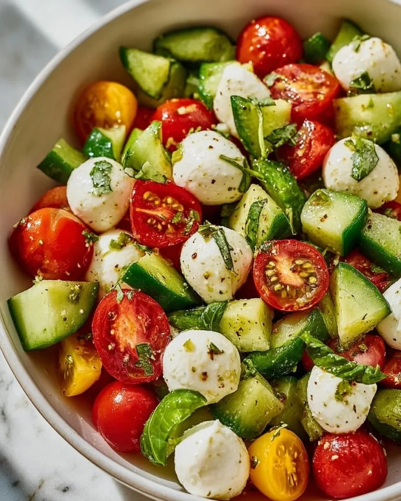 Fresh Cucumber Mozzarella Salad with herbs and dressing