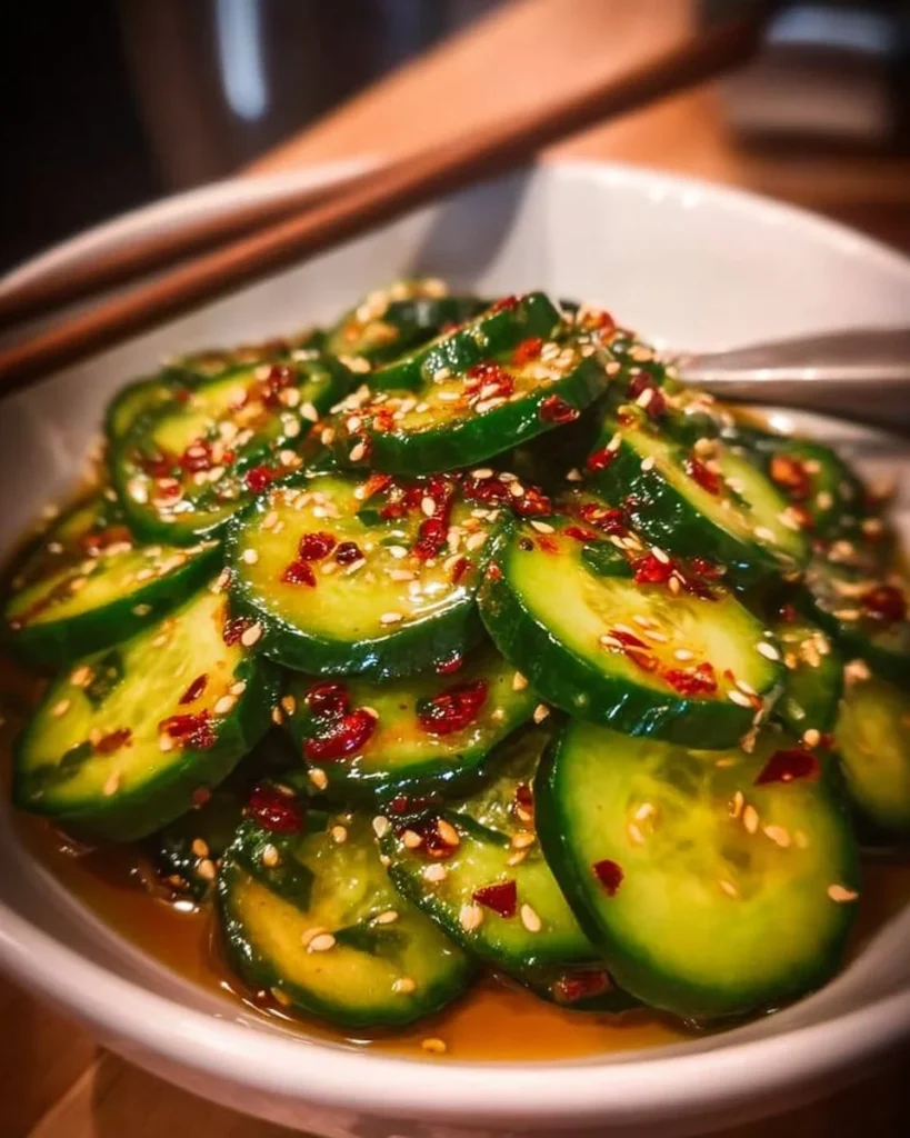 Bowl of easy Asian cucumber salad with sesame seeds and cilantro