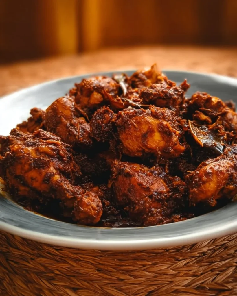 Delicious plate of easy dry chicken masala garnished with fresh herbs