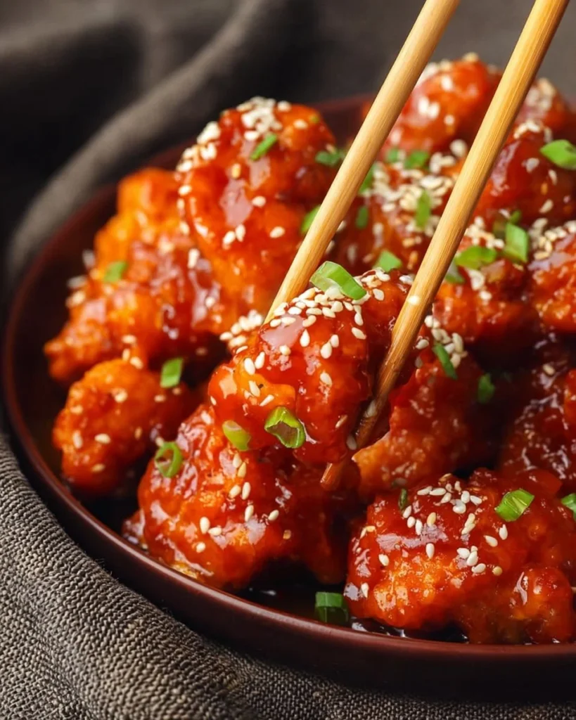 Delicious plate of easy sesame chicken garnished with sesame seeds