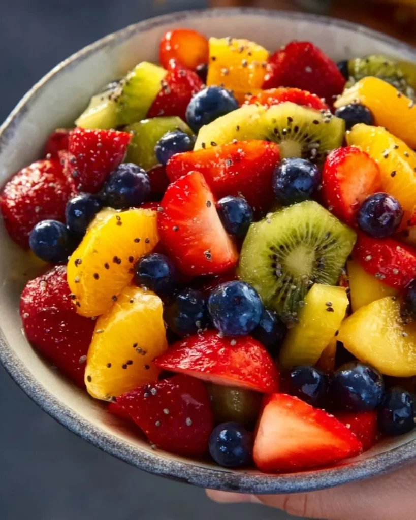 Colorful fresh fruit salad with honey lime poppy seed dressing