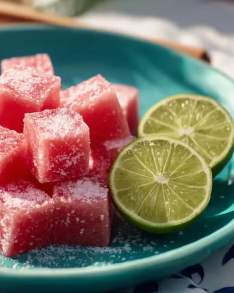 Refreshing frozen watermelon cubes with lime for a healthy snack