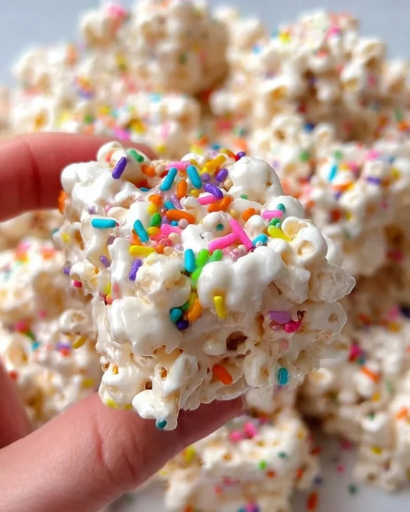 Bowl of Funfetti Marshmallow Popcorn Treats with colorful sprinkles