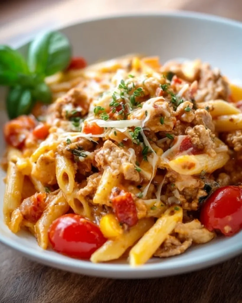 Gordon Ramsay's ground turkey pasta dish served in a bowl with fresh herbs