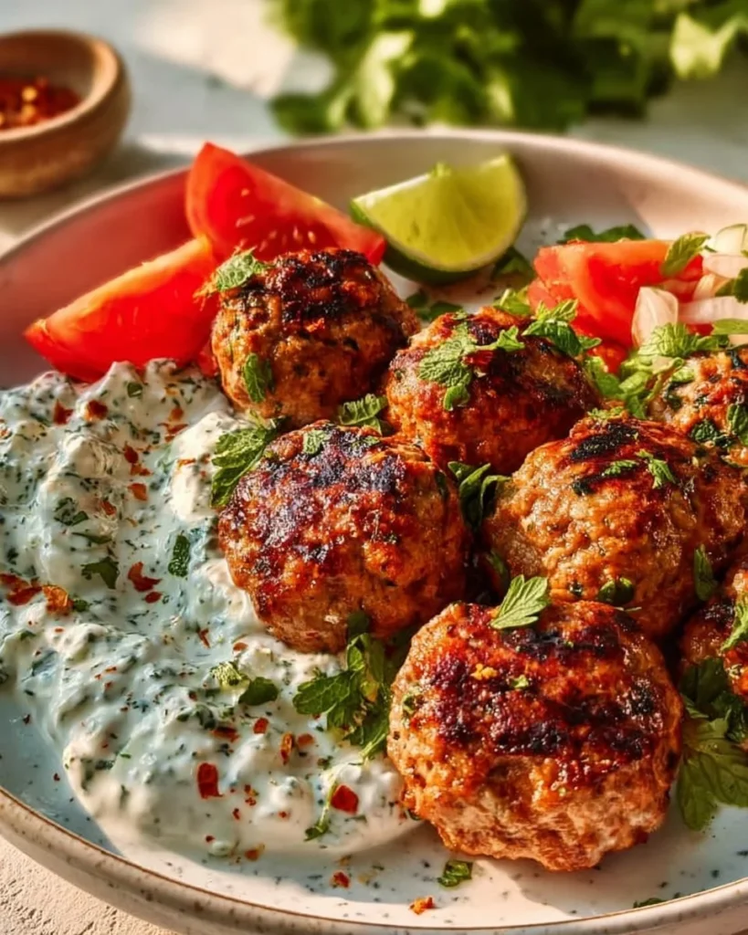 Greek Turkey Meatballs with Tzatziki served on a plate