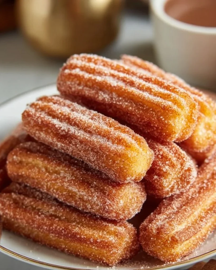 Healthy baked churro bites on a plate, lightly dusted with cinnamon sugar.