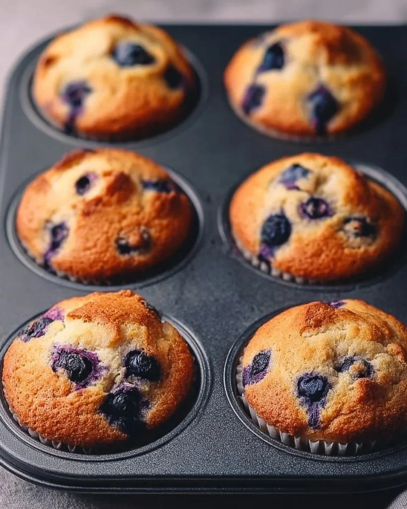 Freshly baked hearty blueberry protein muffins with a golden brown top.