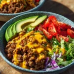 High-protein cheeseburger bowls with ground beef and burger sauce