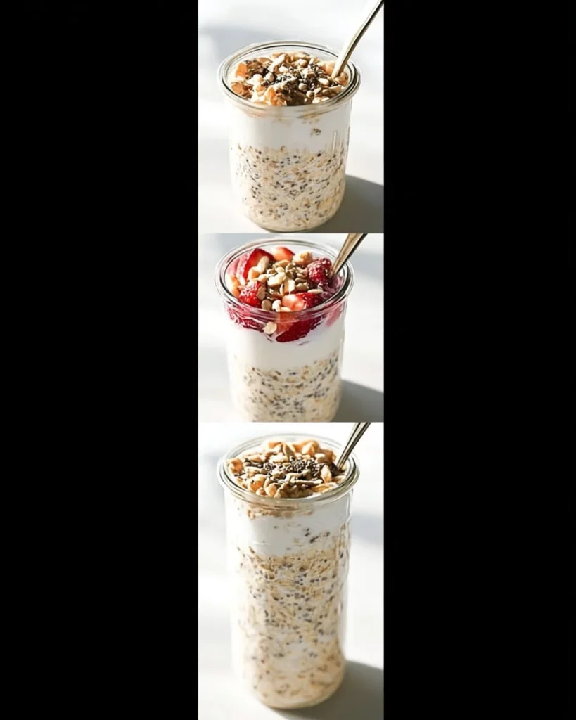 A bowl of high protein overnight oats topped with fruits and nuts