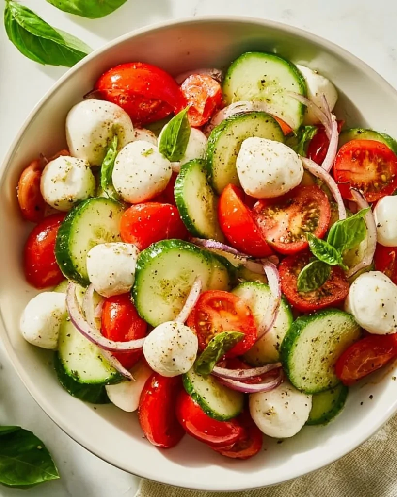 Juicy Cucumber Caprese Salad with fresh tomatoes and basil