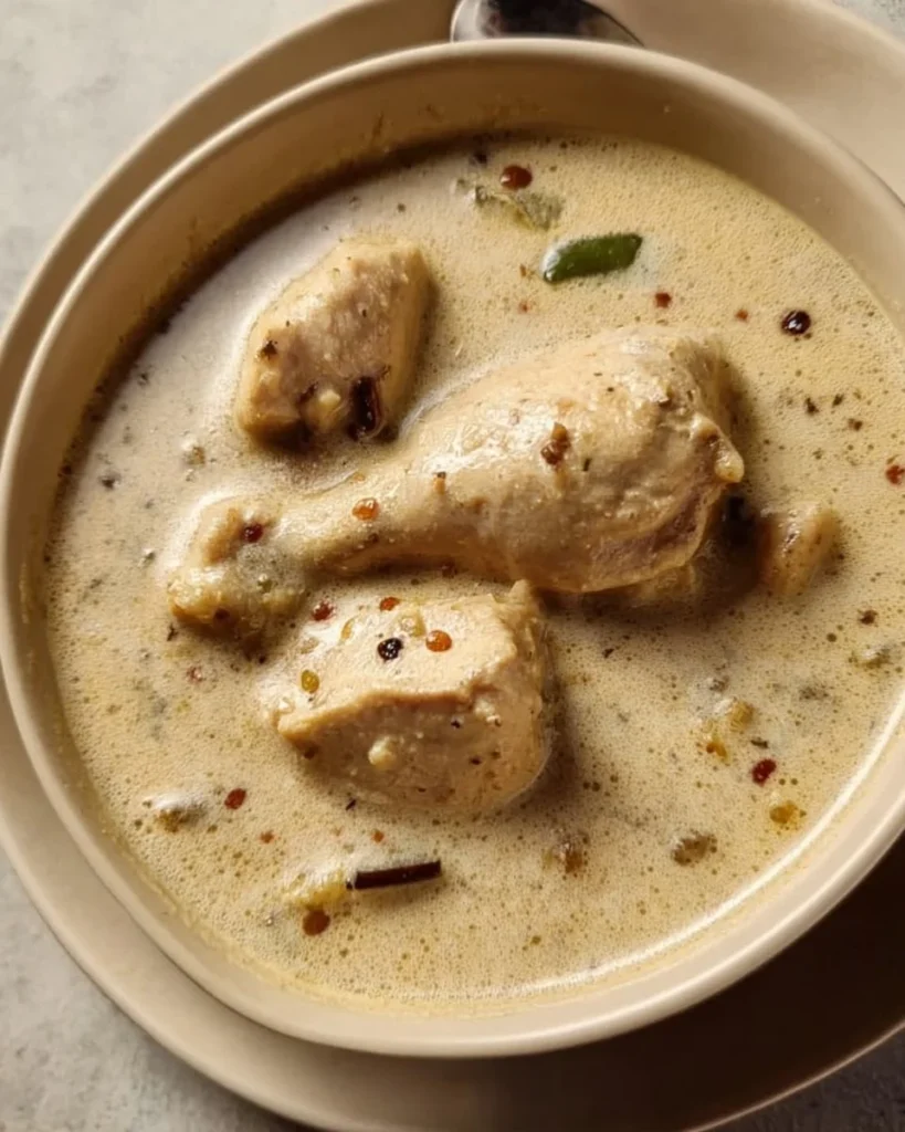 Delicious bowl of Kerala Christmas Chicken Stew garnished with fresh herbs