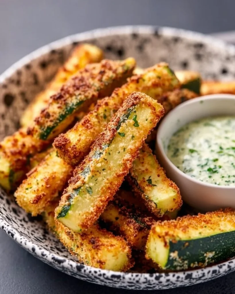 Low calorie air fryer zucchini fries served on a plate