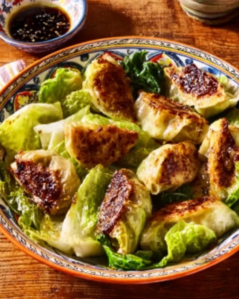 Plate of low carb cabbage dumplings garnished with herbs