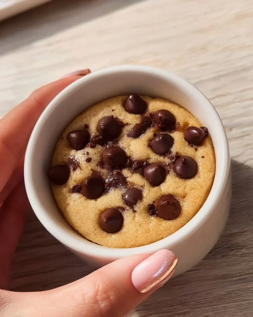 Delicious microwave chocolate chip mug cookie topped with chocolate chips