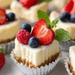 Delicious mini cheesecakes with various toppings displayed on a wooden platter.