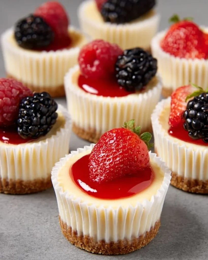 Delicious mini cheesecakes served on a plate, perfect for dessert lovers