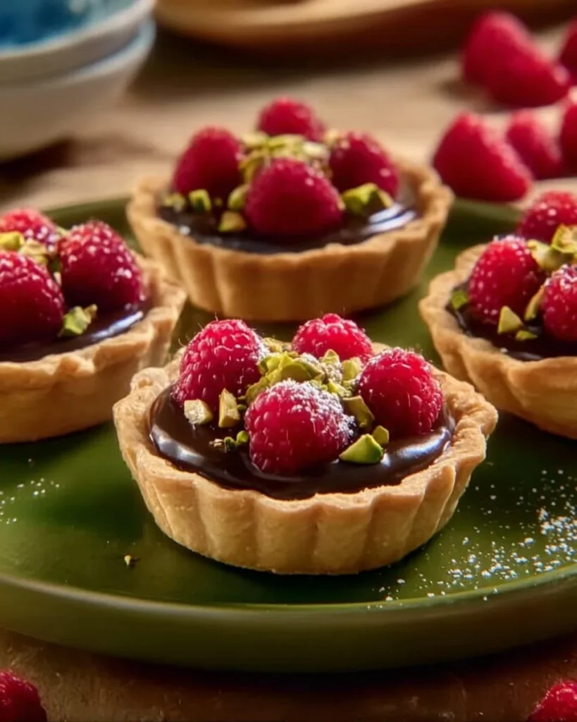 Delicious mini chocolate tarts topped with chocolate ganache and berries.