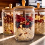Bowl of colorful overnight oats with fruits and nuts for a healthy breakfast