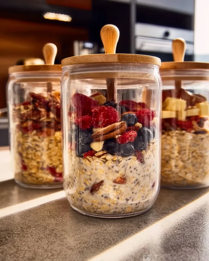 Bowl of colorful overnight oats with fruits and nuts for a healthy breakfast