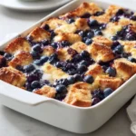 Blueberry French Toast Casserole served with maple syrup and fresh blueberries.
