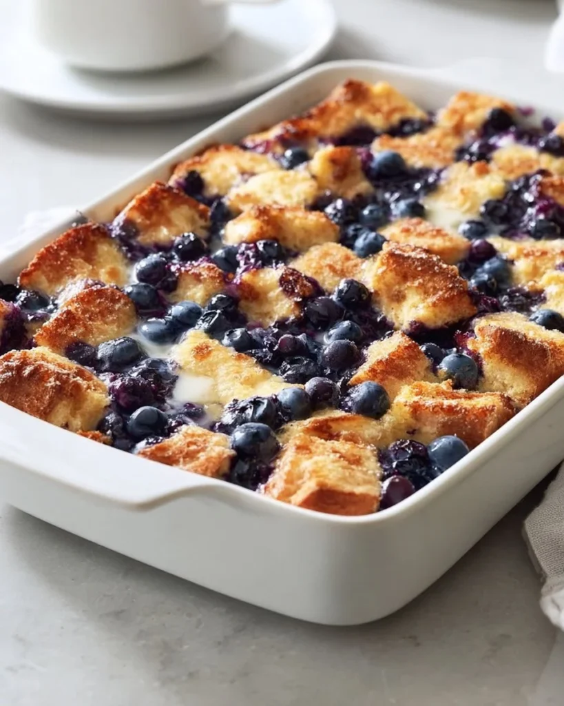 Blueberry French Toast Casserole served with maple syrup and fresh blueberries.