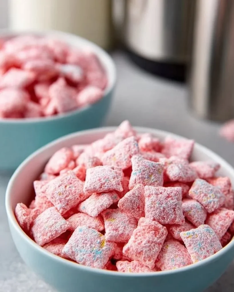 Bowl of Quick Strawberry Shortcake Puppy Chow with strawberries on top