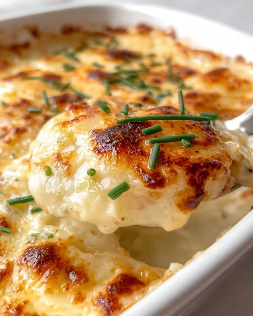 Baked Roasted Garlic Potatoes au Gratin topped with cheese and herbs