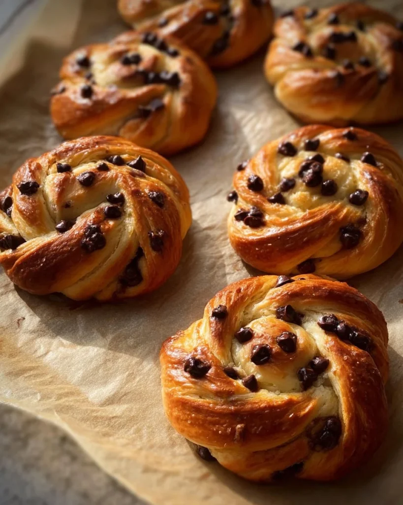 Delicious rolled brioche with vanilla pastry cream and chocolate chips