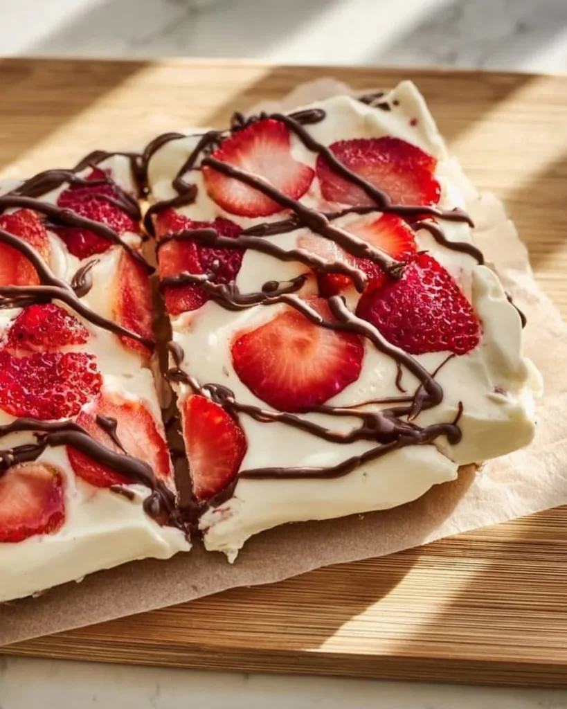 Strawberry yogurt bark topped with fresh strawberries and nuts
