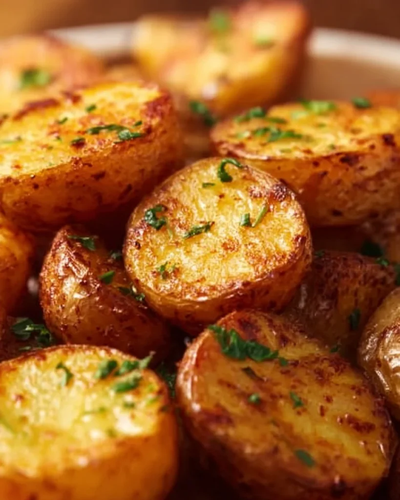 Crispy air fryer roasted potatoes served in a bowl, garnished with herbs.