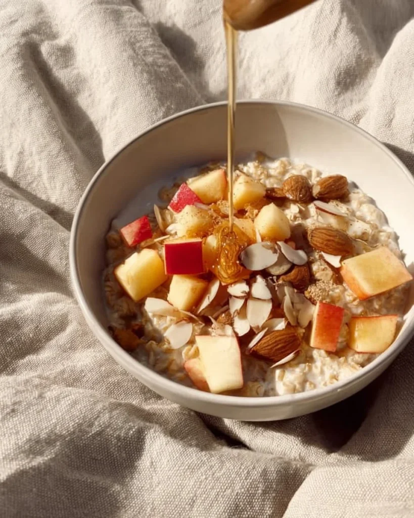 Apple Cinnamon Oatmeal Bowl 2 Delicious apple cinnamon oatmeal bowl topped with fresh apples and cinnamon.